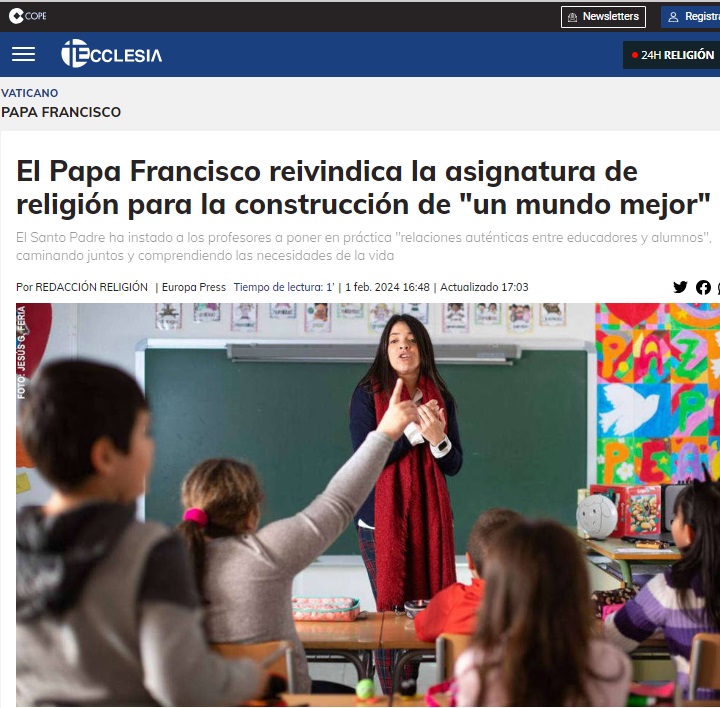 El Papa Francisco reivindica la asignatura de religión para la construcción de «un mundo mejor»